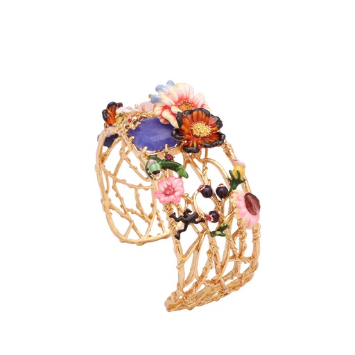 Flower And Pink Gem Enamel Thin Bracelet