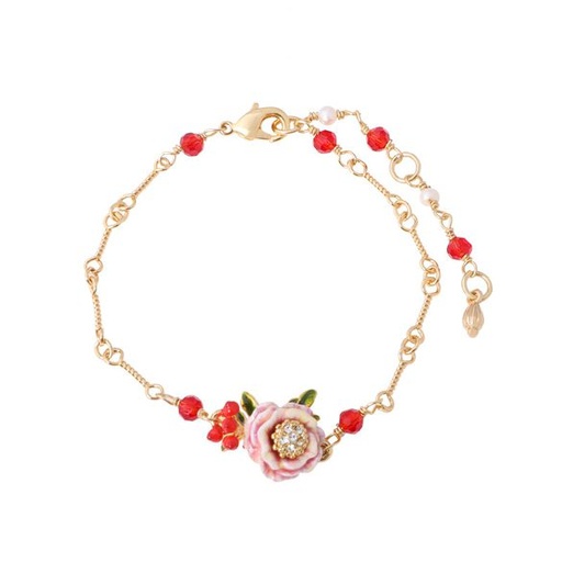 Pink Rose Flower And Crystal Enamel Bracelet Jewelry Gift
