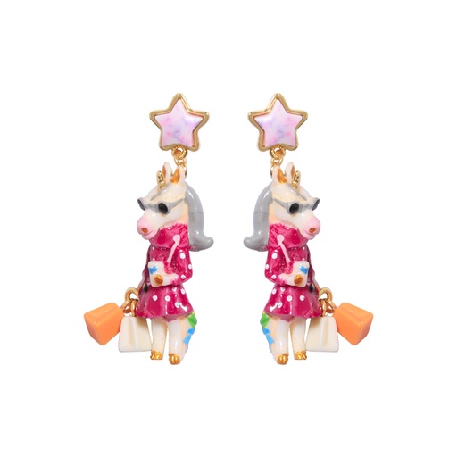 Pink Shopping Unicorn And Star Enamel Earrings