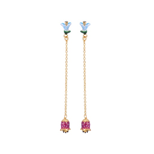 Blue Flower With Chain and Small Purple Bell Enamel Earrings