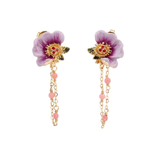 Blue Flower With Chain and Small Purple Bell Enamel Earrings