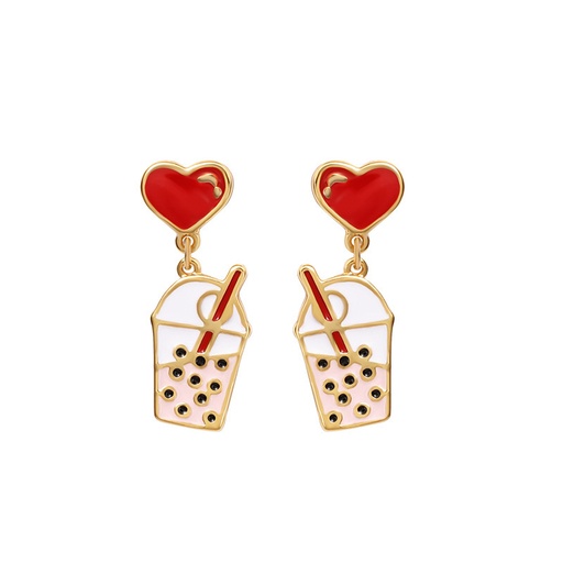 Red Heart Milk Tea Enamel Dangle Earrings Jewelry Gift