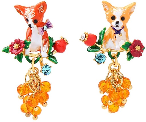 Chihuahua On A Flowering Branch Asymmetrical Enamel Earring