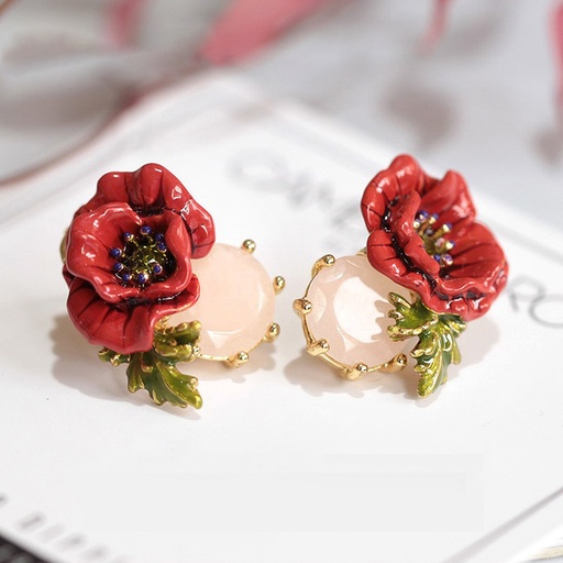 Red Rose Flower And Stone Enamel Stud Earrings Jewelry Gift