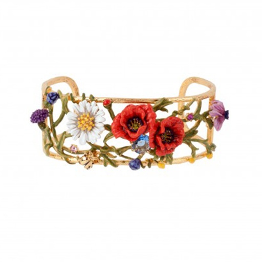 Red Rose White Flower Branch And Crystal Enamel Bangle Bracelet