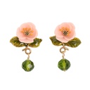 Pink Flower Green Leaf Enamel Earrings