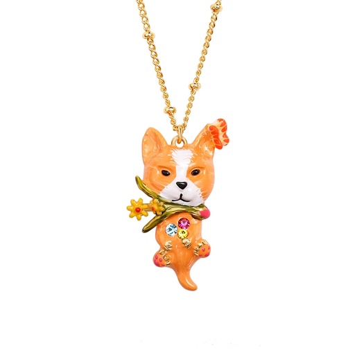 Chihuahua Puppy Dog With Flower Enamel Pendant Necklace