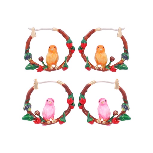 Orange Pink Bird On Flower Branch Enamel Hoop Earrings Jewelry Gift