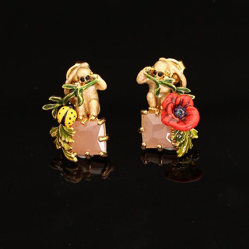 Monkey Flower Ladybug And Stone Asymmetrical Enamel Stud Earrings