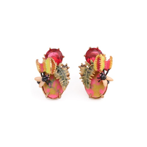 Monkey Flower Ladybug And Stone Asymmetrical Enamel Stud Earrings