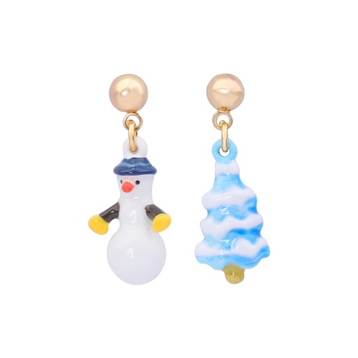 Snowman And Tree Asymmetrical Enamel Stud Earrings