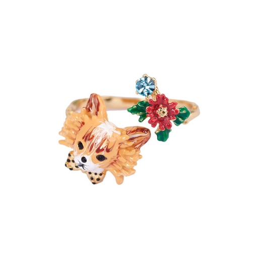 Chihuahua Puppy Dog and Flower Enamel Adjustable Ring