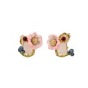 Pink Rose Flower And Stone Enamel Stud Earrings