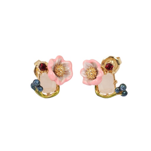 Pink Rose Flower And Stone Enamel Stud Earrings