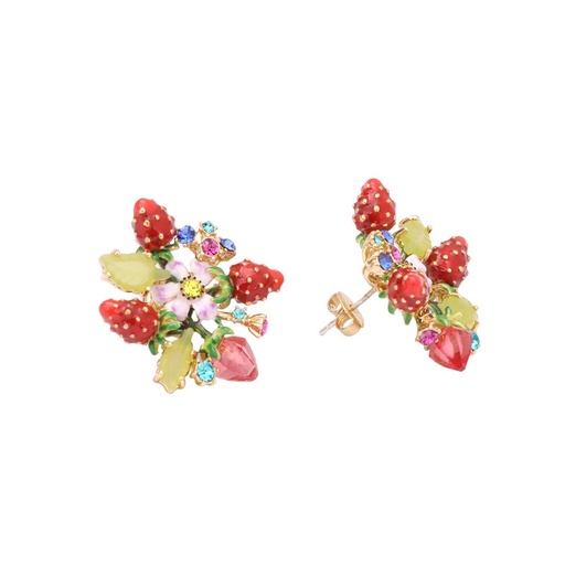 Pink Rose Flower And Stone Enamel Stud Earrings