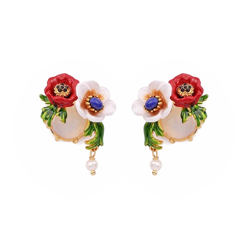 Flower Leaf And Stone Enamel Earrings