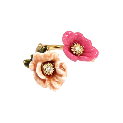 Red Apricot Flower And Zircon Enamel Adjustable Ring Jewelry Gift