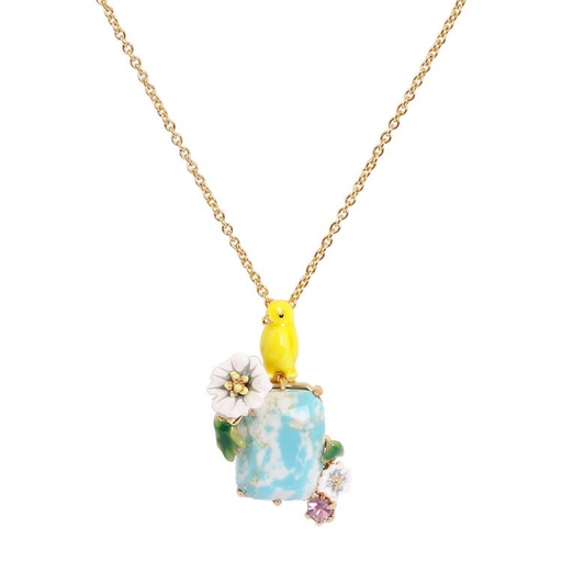 Yellow Bird Flower And Stone Pendant Enamel Necklace