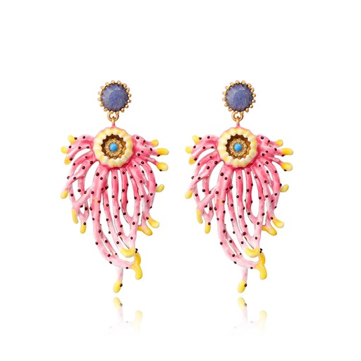 Pink Flower And Stone Enamel Dangle Earrings Jewelry Gift