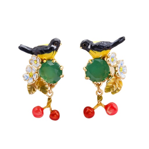 Yellow Ostrich Bird And Stone With Cherry Enamel Earrings
