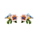 Tit Blue Bird And Flower Enamel Earrings