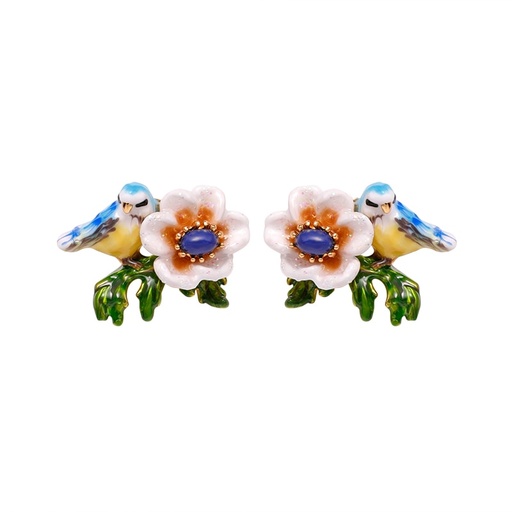 Tit Blue Bird And Flower Enamel Earrings