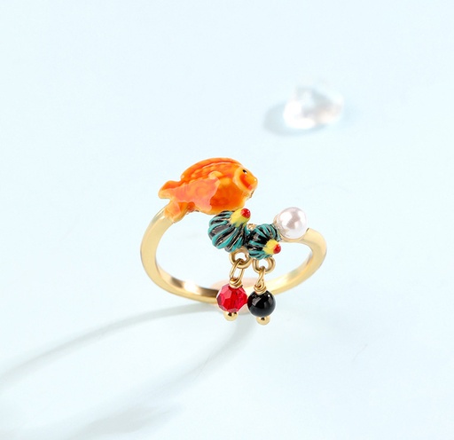 Orange Fish Blue Conch And Pearl Enamel Adjustable Ring Jewelry Gift