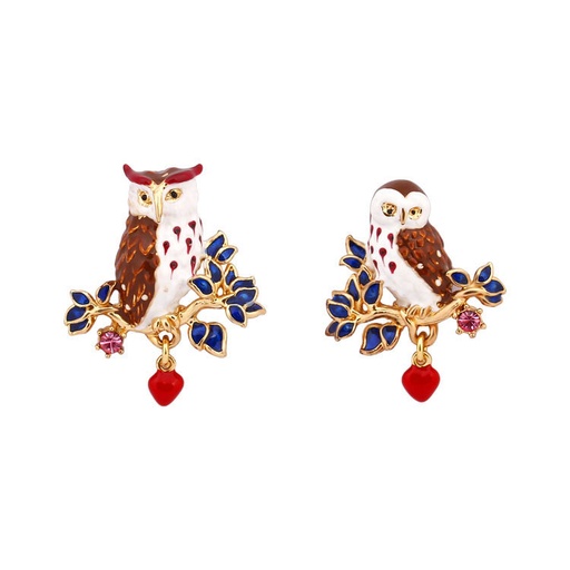 Owl And Heart Asymmetrical Enamel Earrings