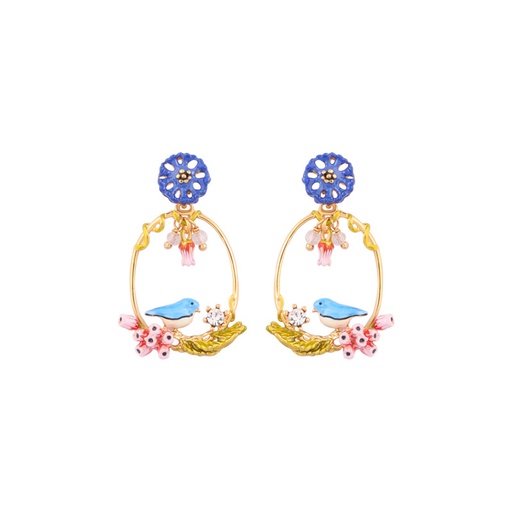 Robin Bird And Pink Flower Crystal Enamel Earrings