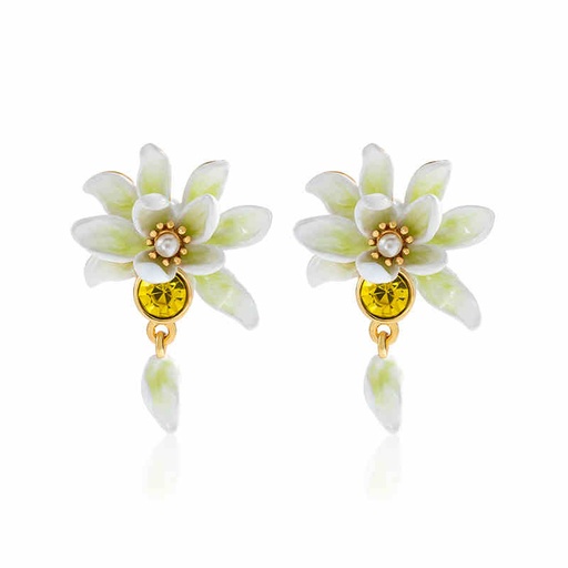 Gardenia Flower With Pearl And Zircon Enamel Stud Earrings