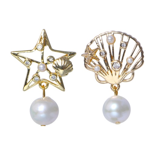 Star And Shell With Freshwater Pearl Asymmetrical Stud Earrings