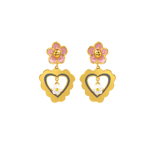Little Pink Daisy Flower And Heart Enamel Earrings