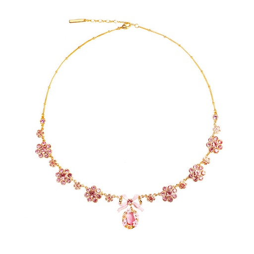 Pink Bow And Flower Crystal Enamel Pendant Charm Necklace