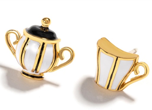 Tea Cup Teapot Asymmetrical Enamel Stud Earrings Jewelry Gift