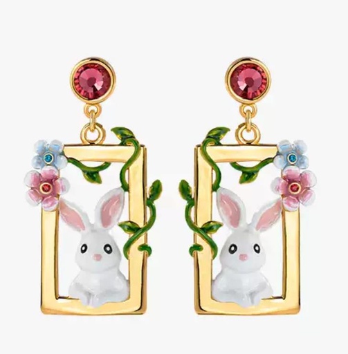 Cute Rabbit Bunny And Flower Crystal Enamel Dangle Stud Earrings Jewelry Gift