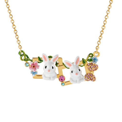 Rabbit Bunny And Pink Flower Crystal Enamel Pendant Necklace Jewelry Gift