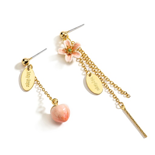 Pink Peach Blossom Flower Asymmetrical Enamel Stud Dangle Earrings